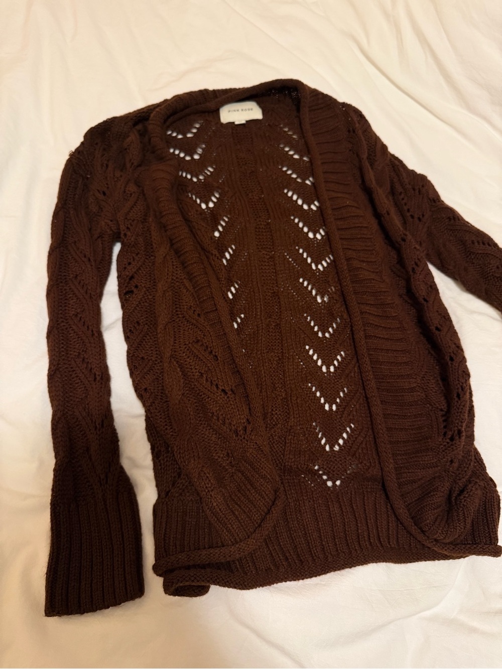 PINK ROSE Cable Knit Open Front Cardigan in Brown Size Medium